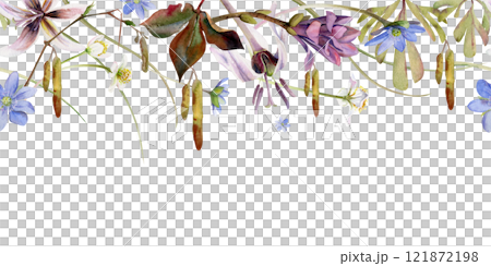 Spring flowers branch with catkins, blue hepatica forget-me-not, white forest anemone, trout lily, corydalis hand drawn in watercolor. Seamless banner illustration. Wedding, florist shop, stationery 121872198