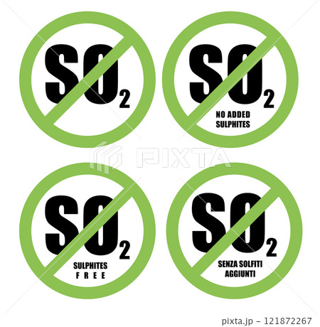 Sulfites free label vector design for packaging. No sulfites icon. Illustration, logo, symbol, sign, stamp, tag and emblem. 121872267