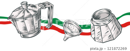 Italian moka illustration, Traditional Espresso hand drawn on Italian flag. Vector illustration 121872269