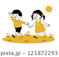 原っぱを歩く子供たちの手描きイラスト 121872293