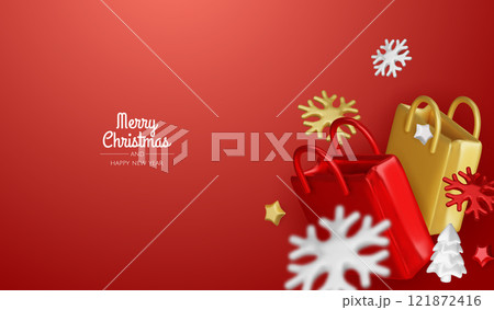 Christmas and New Year Sale. Red bright realistic 3d holiday object design, shopping bag, gift box. Promo sale, advertising banner, web poster. vector illustration 121872416