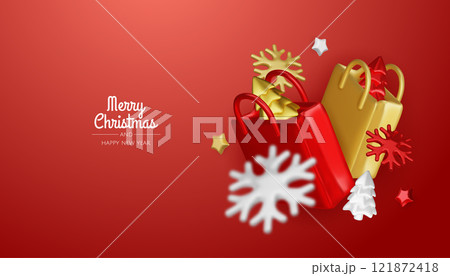 Christmas and New Year Sale. Red bright realistic 3d holiday object design, shopping bag, gift box. Promo sale, advertising banner, web poster. vector illustration Christmas and New Year Sale. Red bright realistic 3d holiday object design, shopping bag, gift box. Promo sale, advertising banner, web poster. vector illustration 121872418