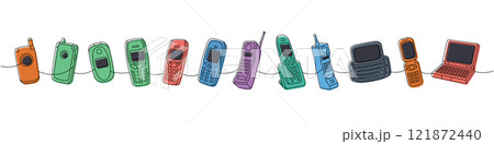 Old-fashioned phones one line colored continuous drawing. Old communication gadgets. Vector linear illustration. Old-fashioned phones one line colored continuous drawing. Old communication gadgets. Vector linear illustration. 121872440