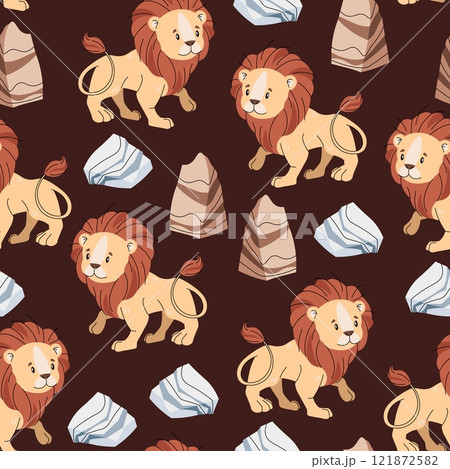 Seamless pattern with African animals. Cute children's texture with lion, stone and grass. Vector illustration for children's wallpapers, backgrounds, fabric, etc. Seamless pattern with African animals. Cute children's texture with lion, stone and grass. Vector illustration for children's wallpapers, backgrounds, fabric, etc. 121872582