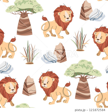 Seamless pattern with African animals. Cute childish texture with lion, baobab and grass. Vector illustration for children's wallpapers, backgrounds, fabric, etc. Seamless pattern with African animals. Cute childish texture with lion, baobab and grass. Vector illustration for children's wallpapers, backgrounds, fabric, etc. 121872584