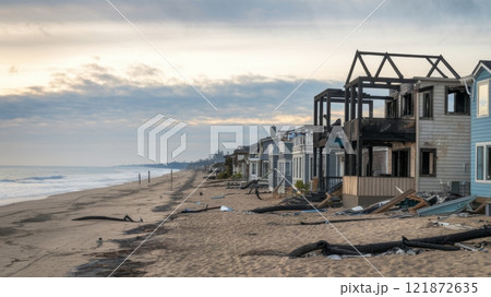 Post-Wildfire Scene of Burned Beachfront Properties and Scorched Landscape 121872635