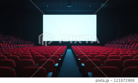 Empty cinema with red seats and large blank screen, creating anticipation Empty cinema with red seats and large blank screen, creating anticipation 121872908