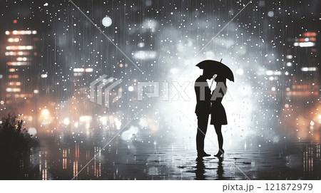 couple kissing in rain under umbrella, creating romantic atmosphere 121872979