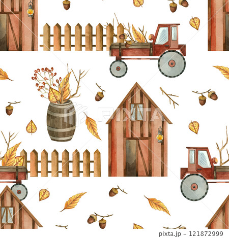 Farm with fence, tractor, plants, storage barrel. Seamless watercolor pattern painted with watercolor. Suitable for printing on fabric, paper and scrapbooking. High quality illustration Farm with fence, tractor, plants, storage barrel. Seamless watercolor pattern painted with watercolor. Suitable for printing on fabric, paper and scrapbooking. High quality illustration 121872999