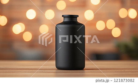 sleek black bottle on wooden table with blurred lights in background sleek black bottle on wooden table with blurred lights in background 121873082