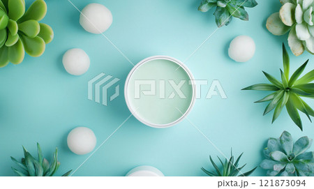 Fresh green cream surrounded by succulents and decorative spheres 121873094