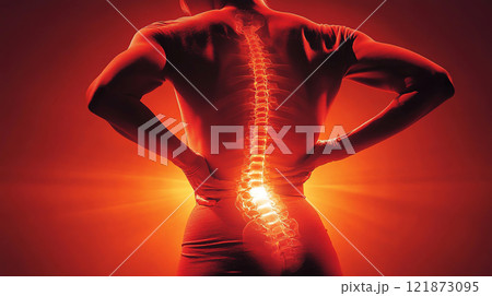 Person holding their lower back in pain, highlighting spine discomfort 121873095