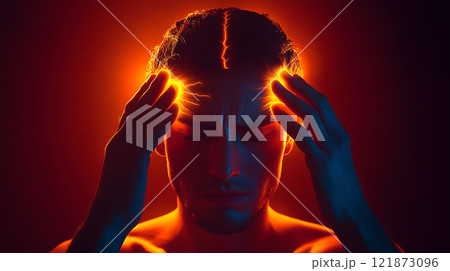 Person massaging temples, expressing tension and stress relief in vibrant light 121873096