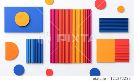 Colorful geometric shapes and patterns arranged on white background 121873256