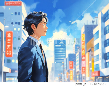 水彩風 街を歩くスーツの若い男性 水彩風 街を歩くスーツの若い男性 121873330