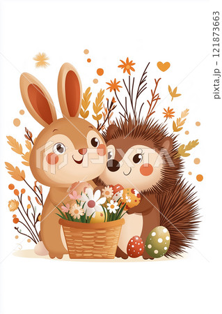 Bunny and hedgehog happily work together in a colorful garden, planting flowers and celebrating nature's beauty. 121873663