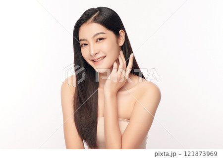 Beautiful young asian woman with clean fresh skin on white background, Face care, Facial treatment, Cosmetology, beauty and spa, Asian women portrait. 121873969