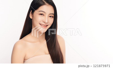 Beautiful young asian woman with clean fresh skin on white background, Face care, Facial treatment, Cosmetology, beauty and spa, Asian women portrait. Beautiful young asian woman with clean fresh skin on white background, Face care, Facial treatment, Cosmetology, beauty and spa, Asian women portrait. 121873971