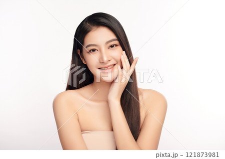 Beautiful young asian woman with clean fresh skin on white background, Face care, Facial treatment, Cosmetology, beauty and spa, Asian women portrait. 121873981