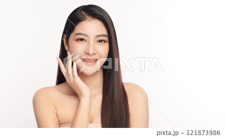 Beautiful young asian woman with clean fresh skin on white background, Face care, Facial treatment, Cosmetology, beauty and spa, Asian women portrait. 121873986