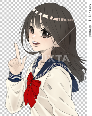 一個穿著水手服的女孩用手指指著 一個穿著水手服的女孩用手指指著 121874385