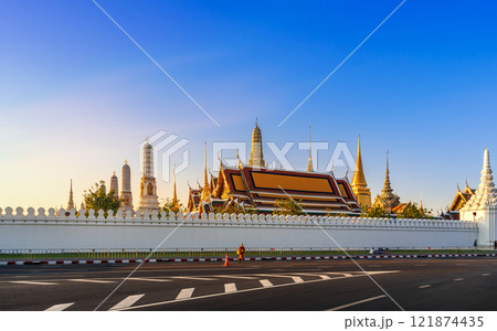 The Grand Palace and Temple of the Emerald Buddha at sunrise, a top landmark in Bangkok. The Grand Palace and Temple of the Emerald Buddha at sunrise, a top landmark in Bangkok. 121874435