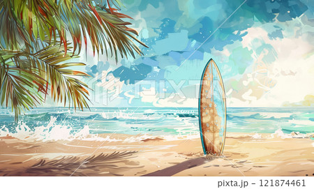 Surfboard on sandy tropical beach. Ocean waves at the background 121874461