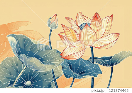White pink waterlily or lotus flower in pond. 121874463