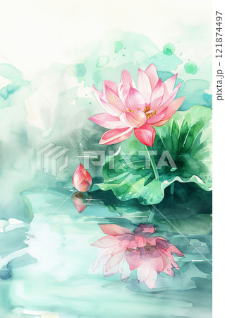 White pink waterlily or lotus flower in pond. 121874497
