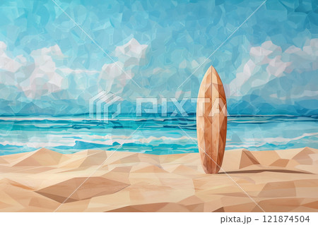 Surfboard on sandy tropical beach. Ocean waves at the background Surfboard on sandy tropical beach. Ocean waves at the background 121874504