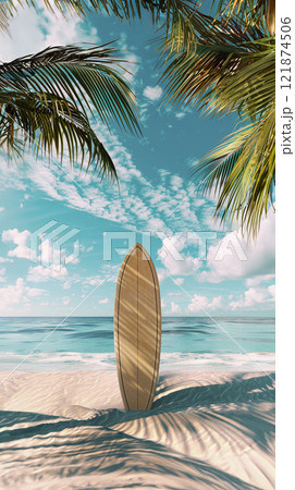 Surfboard on sandy tropical beach. Ocean waves at the background Surfboard on sandy tropical beach. Ocean waves at the background 121874506