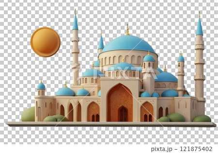 A beautiful image showcasing iconic mosques and landmarks like the Taj Mahal, with elements of Islamic architecture, minarets, domes A beautiful image showcasing iconic mosques and landmarks like the Taj Mahal, with elements of Islamic architecture, minarets, domes 121875402