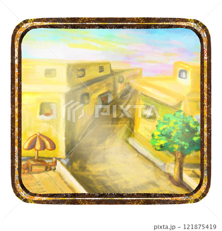 Town street and houses landscape photo frame illustration, city scene square frame background drawing Town street and houses landscape photo frame illustration, city scene square frame background drawing 121875419