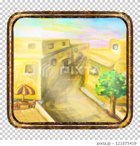 Town street and houses landscape photo frame illustration, city scene square frame background drawing Town street and houses landscape photo frame illustration, city scene square frame background drawing 121875419