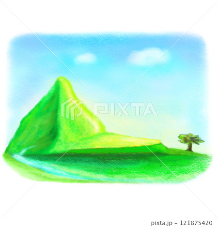 Crayon mountain and green land illustration, blue sky and prairie drawing Crayon mountain and green land illustration, blue sky and prairie drawing 121875420