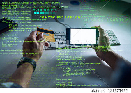 Hacker hacking, committing fraud or financial theft with bank credit card information technology and a phone app or software with CGI graphic data. Cyberpunk stealing online, phishing with malware 121875425