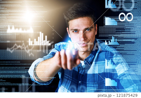 Programmer or engineer working with CGI graphic of data, graphs and charts. Portrait face of an information technology software designer showing business marketing growth, development and innovation 121875429