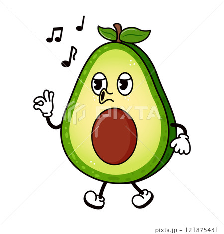Cute Avocado walking singing character. Vector hand drawn Avocado character illustration. Isolated white background Cute Avocado walking singing character. Vector hand drawn Avocado character illustration. Isolated white background 121875431