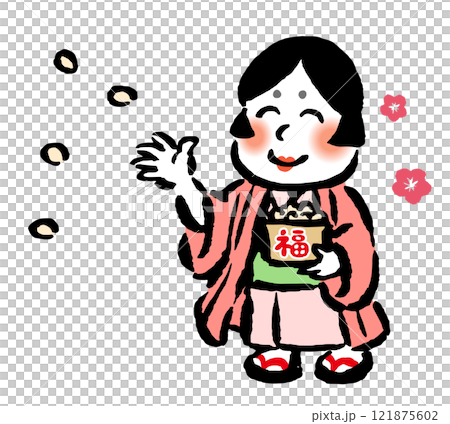 Otafuku throwing beans - hand-drawn illustration with brush strokes 121875602