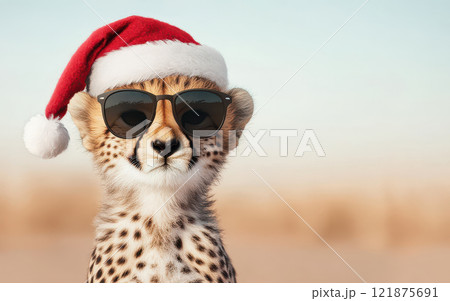 Cheetah cub wearing Santa hat and sunglasses, exuding playful vibe. This adorable animal captures festive spirit with its unique accessories Cheetah cub wearing Santa hat and sunglasses, exuding playful vibe. This adorable animal captures festive spirit with its unique accessories 121875691