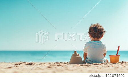 child building sandcastle with bucket and spade on beach, enjoying sunny day by ocean. scene captures joy of childhood and creativity 121875692