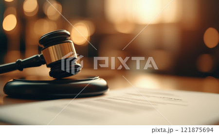 close up of gavel resting on desk beside contract, symbolizing justice and legal proceedings. warm lighting creates professional atmosphere close up of gavel resting on desk beside contract, symbolizing justice and legal proceedings. warm lighting creates professional atmosphere 121875694