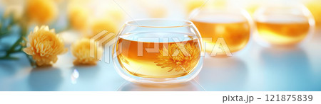 serene scene featuring chrysanthemum tea in glass cups, surrounded by vibrant yellow flowers. natural light enhances warm tones, creating calming atmosphere 121875839