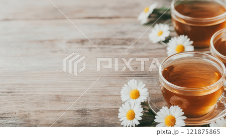 close up of blooming chamomile tea in glass teacups, surrounded by fresh daisies, creates calming and inviting atmosphere perfect for relaxation close up of blooming chamomile tea in glass teacups, surrounded by fresh daisies, creates calming and inviting atmosphere perfect for relaxation 121875865