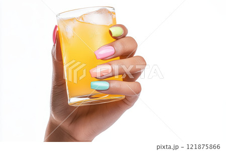 close up of manicured hands holding refreshing cocktail glass filled with orange drink. vibrant nail colors add playful touch to image close up of manicured hands holding refreshing cocktail glass filled with orange drink. vibrant nail colors add playful touch to image 121875866