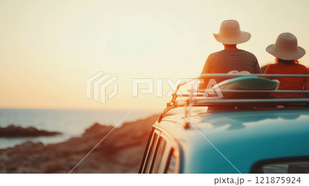 Couple enjoying sunset view from vintage car by beach, wearing straw hats. serene atmosphere evokes sense of adventure and relaxation 121875924