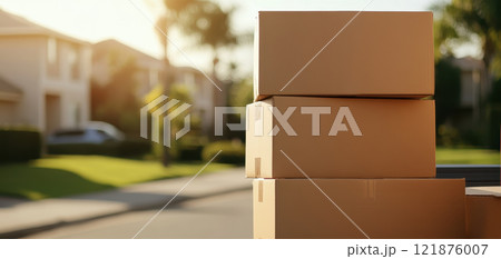 Moving boxes stacked outside house in sunny neighborhood, ready for relocation. scene captures essence of change and new beginnings Moving boxes stacked outside house in sunny neighborhood, ready for relocation. scene captures essence of change and new beginnings 121876007