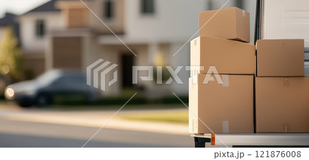 Moving truck with cardboard boxes parked outside house, ready for relocation. scene captures essence of moving day, evoking feelings of anticipation and change 121876008
