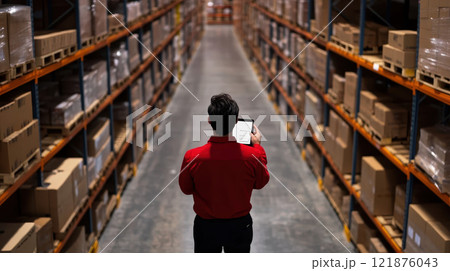 Warehouse employee using tablet to check inventory in storage aisles, surrounded by stacked boxes and shelves, ensuring efficient stock management Warehouse employee using tablet to check inventory in storage aisles, surrounded by stacked boxes and shelves, ensuring efficient stock management 121876043