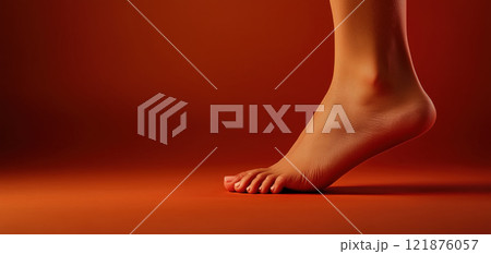 close up image of foot displaying discomfort against warm orange background, highlighting details of skin and toes 121876057